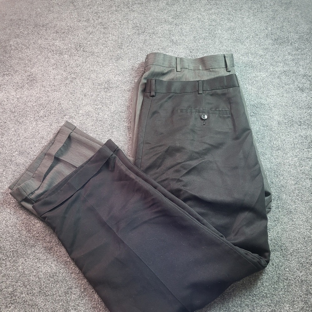 2 PCS Savane Mens Black and Gray Pleated Cuffed Dress Pants Slacks 42x30